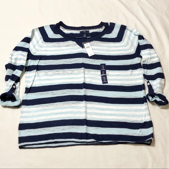 Gap Women’s Blue/White Striped Sweater with Roll-Tab Sleeves/Rolled Raw Edges- L - Picture 10 of 16